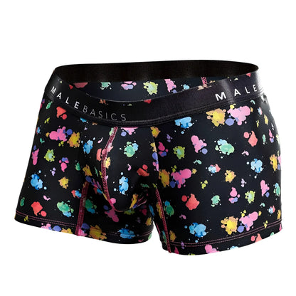 Malebasics trunk hipster black splash boxer briefs with vibrant multicolored paint splatter and pink stitching