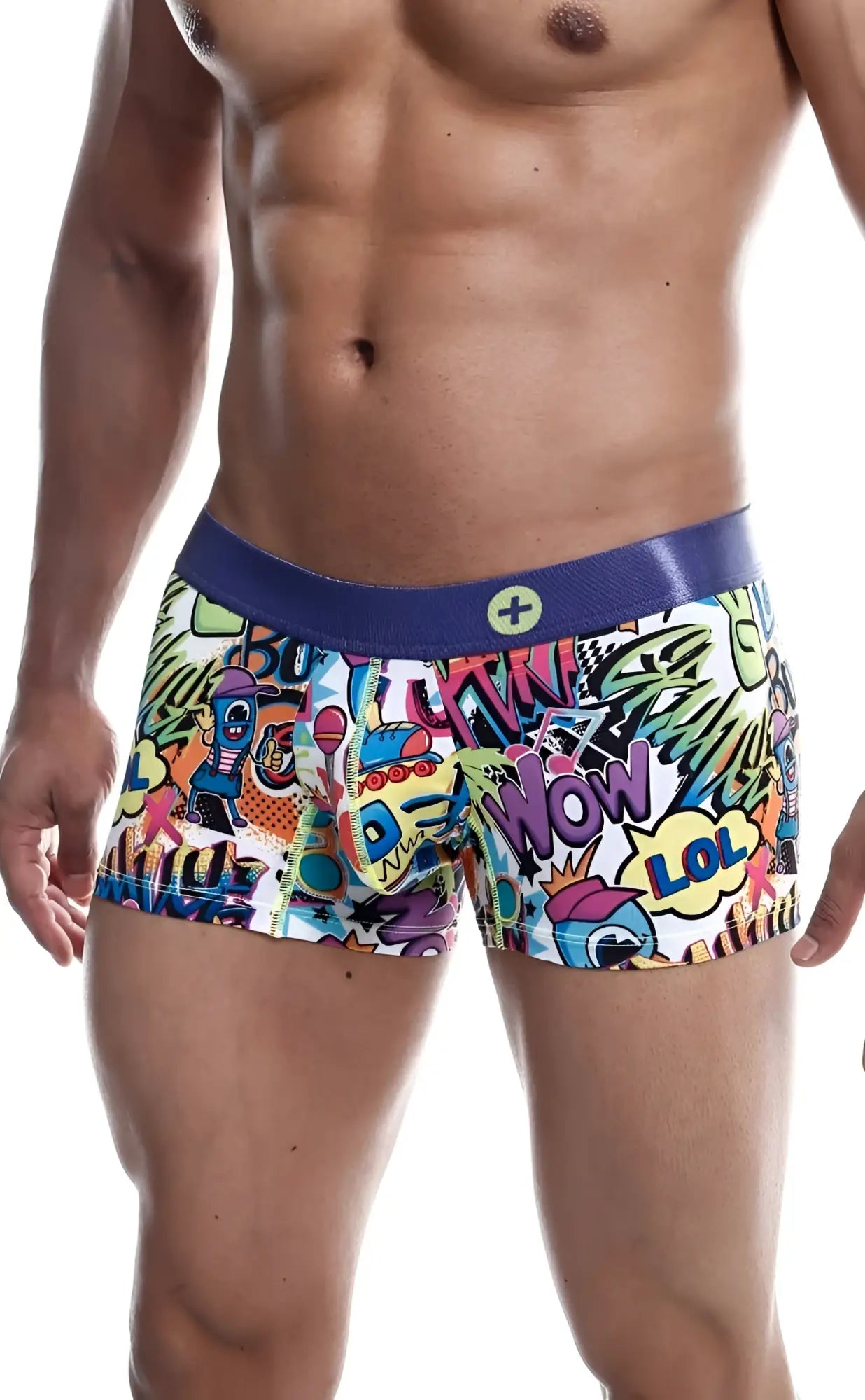Malebasics trunk hipster comics boxer briefs with vibrant graffiti graphics and a bold purple waistband