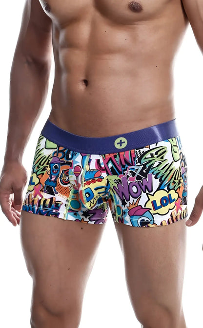 Malebasics trunk hipster comics boxer briefs with vibrant graffiti graphics and a bold purple waistband