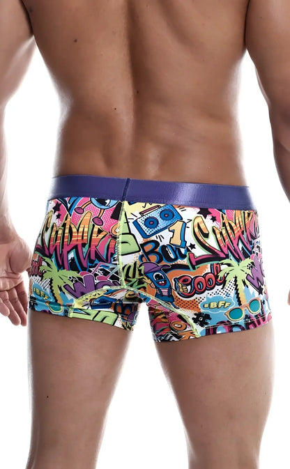 Malebasics trunk hipster comics vibrant graffiti style men’s boxer briefs with purple waistband and neon comic graphics