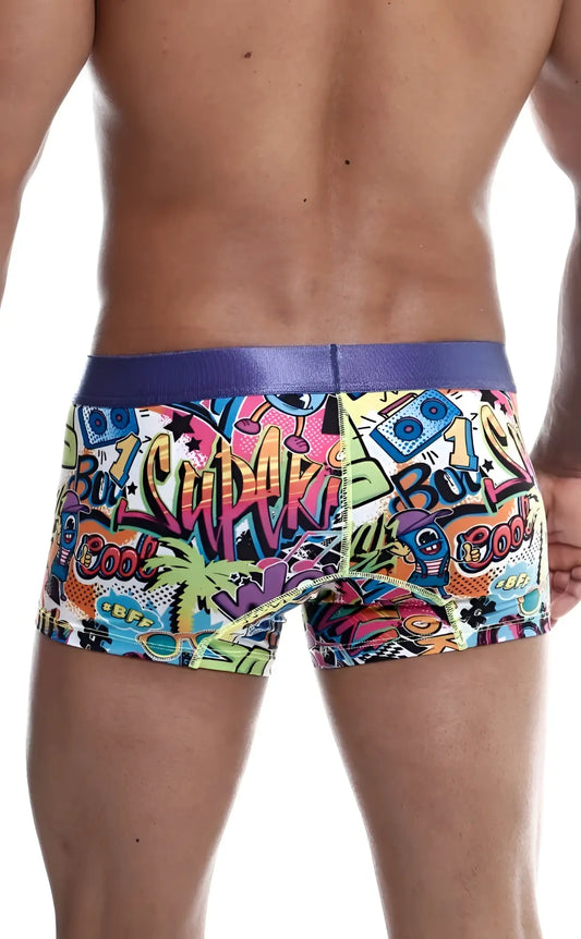 MaleBasics trunk hipster comics vibrant graffiti-style boxer briefs with purple waistband and colorful cartoon graphics