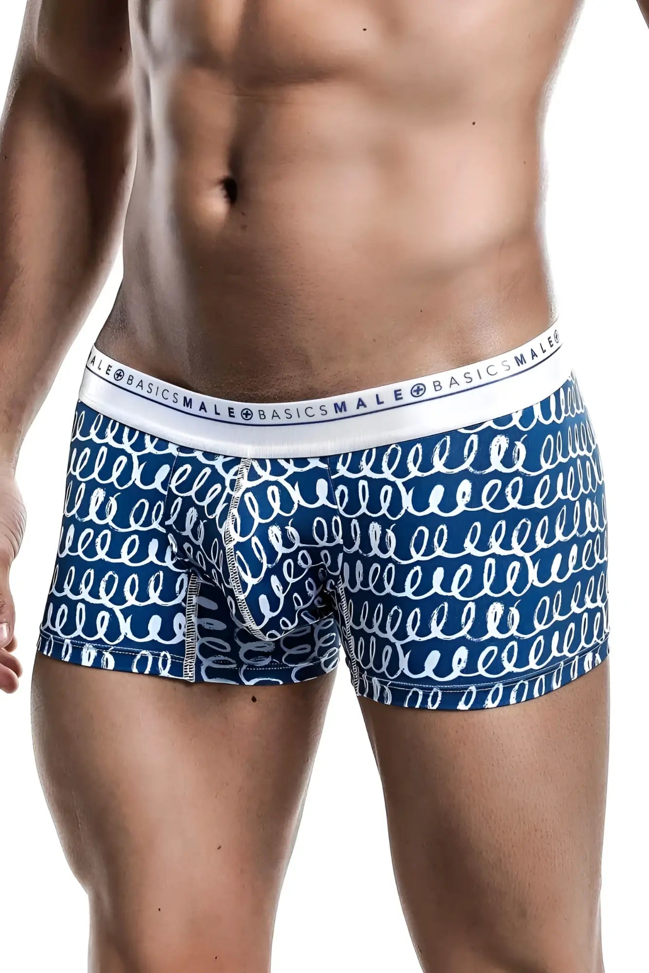 Malebasics trunk hipster crete blue and white patterned men’s boxer briefs with a repeating swirl design