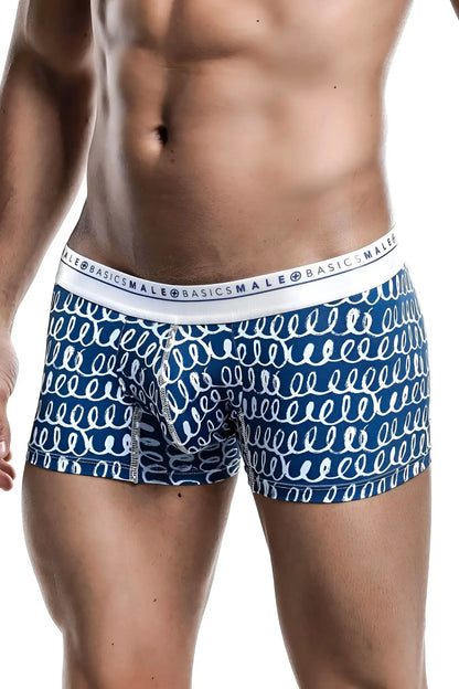 Malebasics trunk hipster crete blue and white patterned men’s boxer briefs with a repeating swirl design
