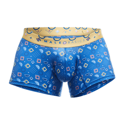 Male basics trunk hipster spectrum blue patterned men’s boxer briefs with yellow waistband and geometric designs