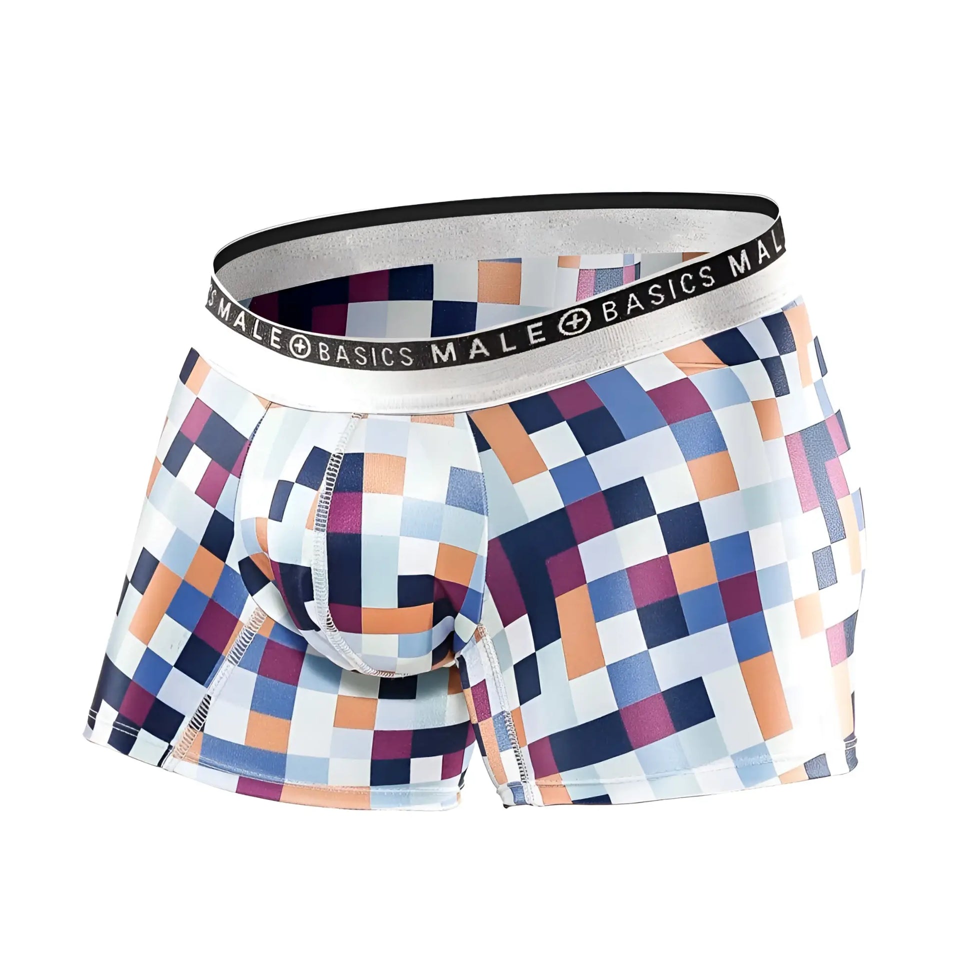 Men’s malebasics trunk hipster pixels boxer briefs with vibrant blue orange purple pixelated pattern and silver waistband