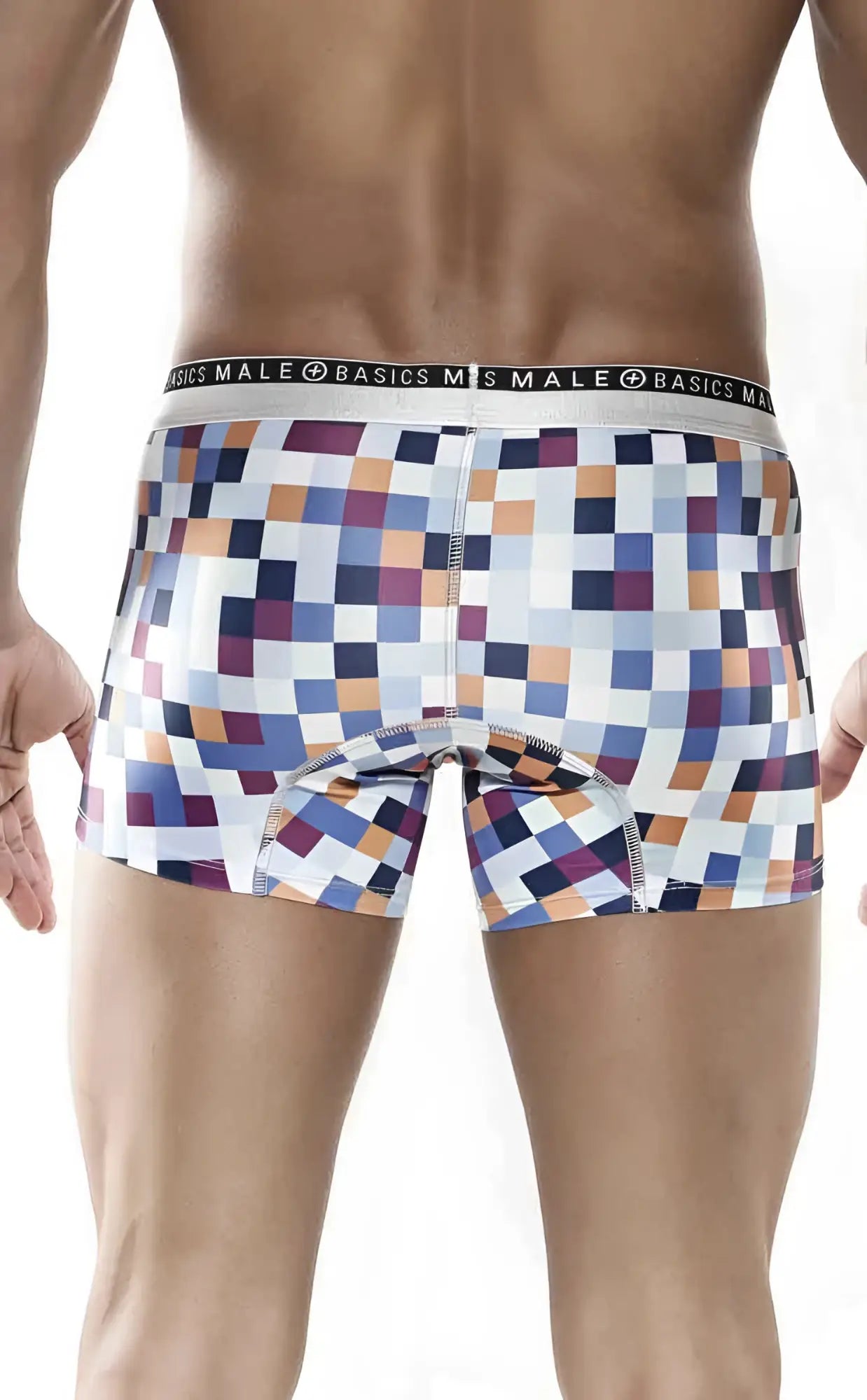 Men’s malebasics trunk hipster pixels boxer briefs with vibrant blue purple orange and white pixelated pattern and branded waistband