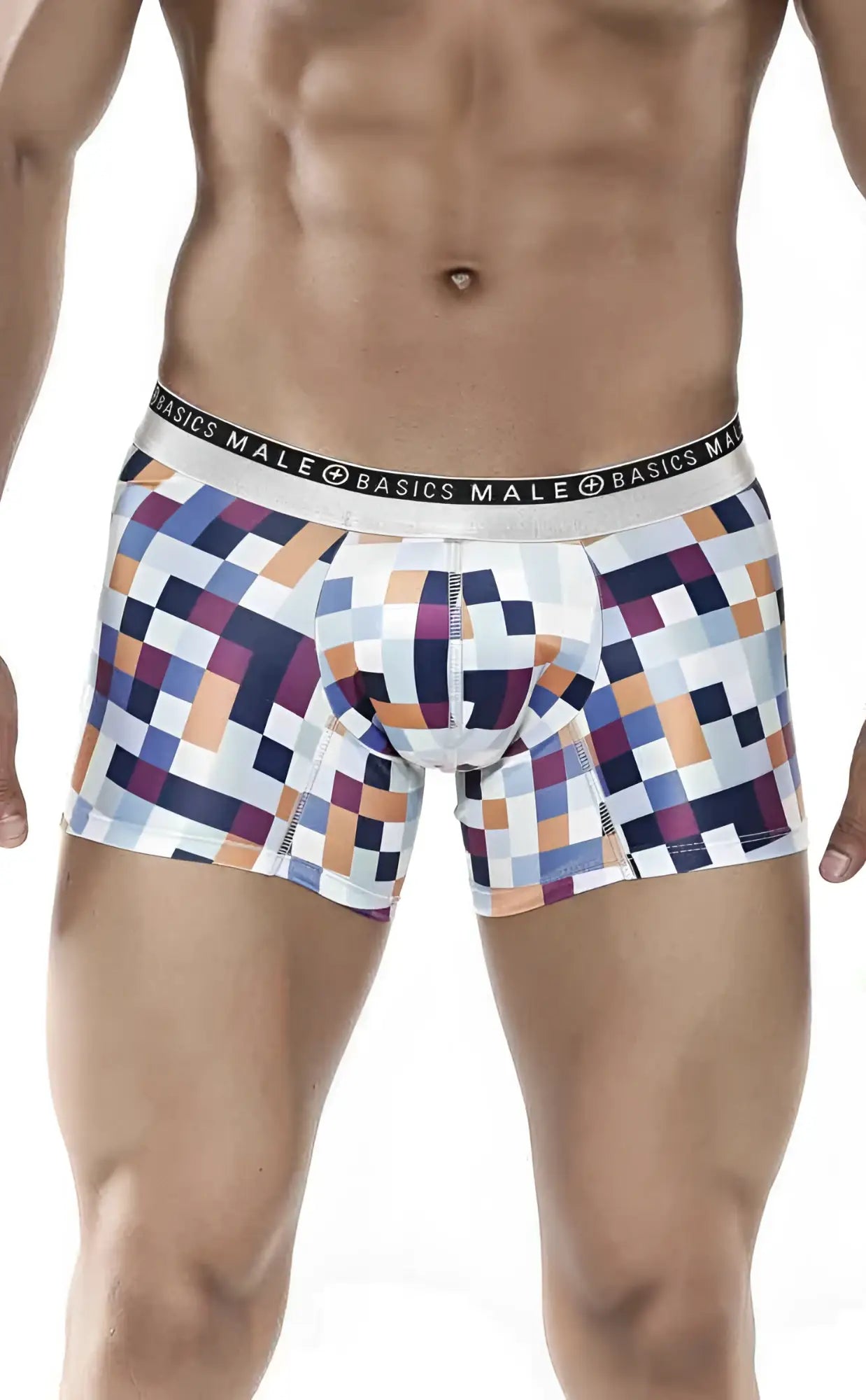 Malebasics trunk hipster pixels boxer briefs with vibrant blue orange purple geometric pixel pattern on white base