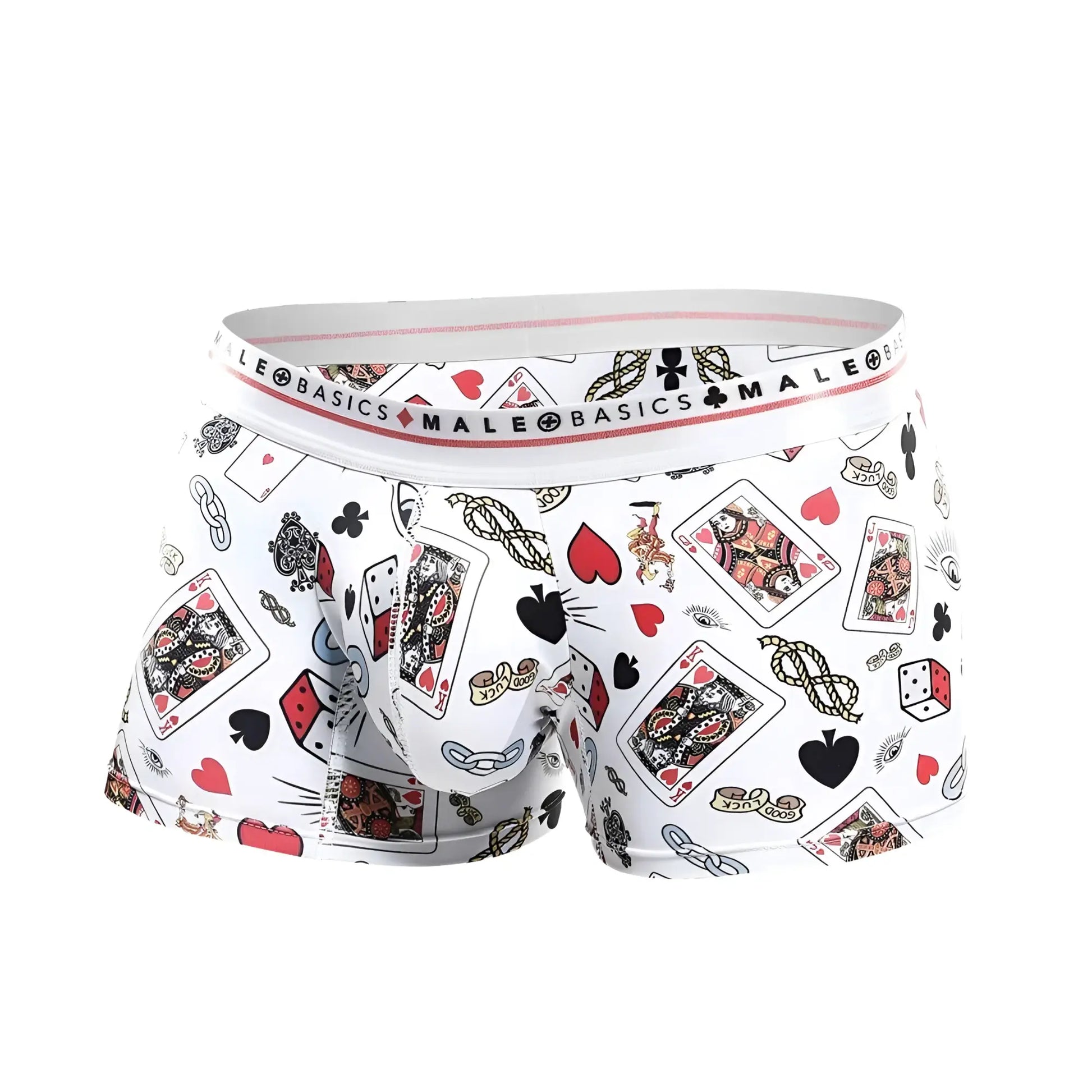 Malebasics trunk hipster poker white boxer briefs with red black and gold playing cards hearts spades and dice pattern