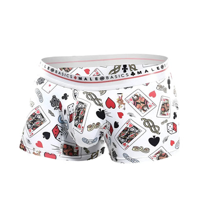 Malebasics trunk hipster poker white boxer briefs with red black and gold playing cards hearts spades and dice pattern
