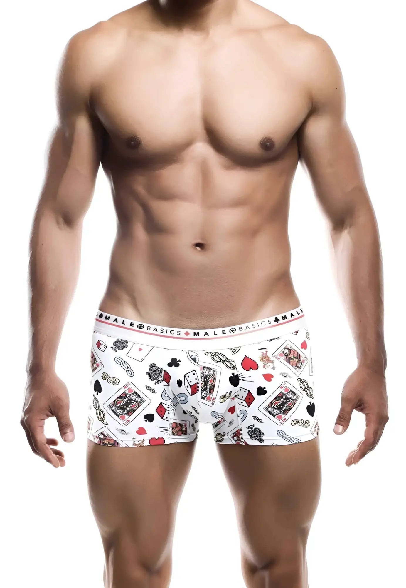 Malebasics trunk hipster poker white boxer briefs with playful red black and gray playing card pattern