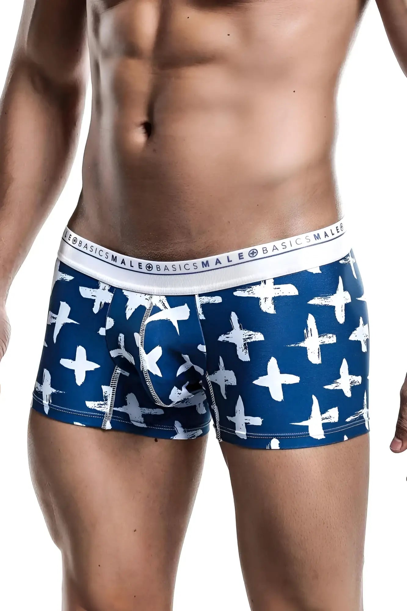 Malebasics trunk hipster santorini blue and white patterned men’s boxer briefs with repeating cross design