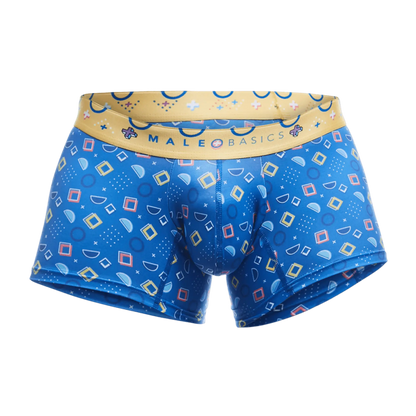 Malebasics trunk hipster spectrum blue patterned men’s boxer briefs with yellow waistband and geometric designs