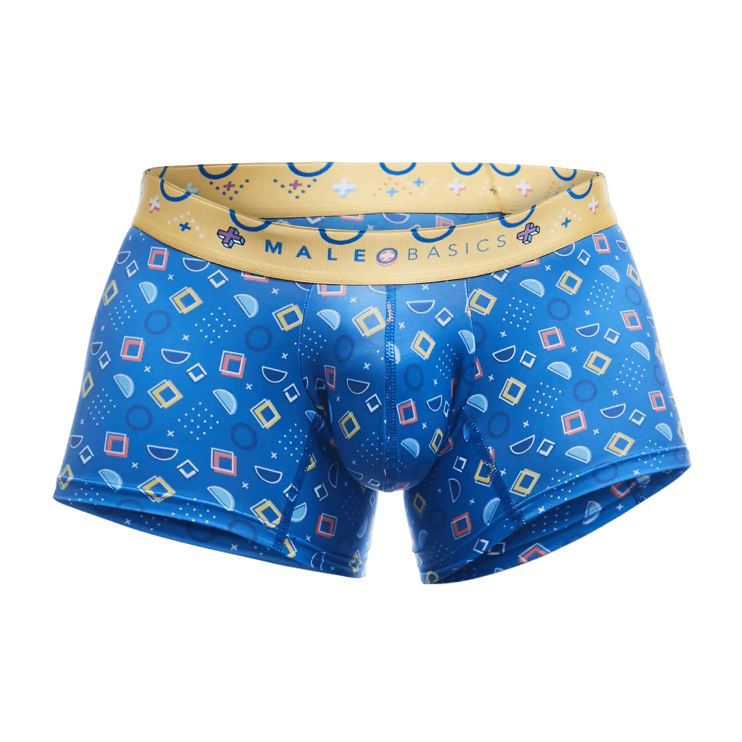 MaleBasics trunk hipster spectrum blue patterned boxer briefs with yellow waistband and geometric pink white designs
