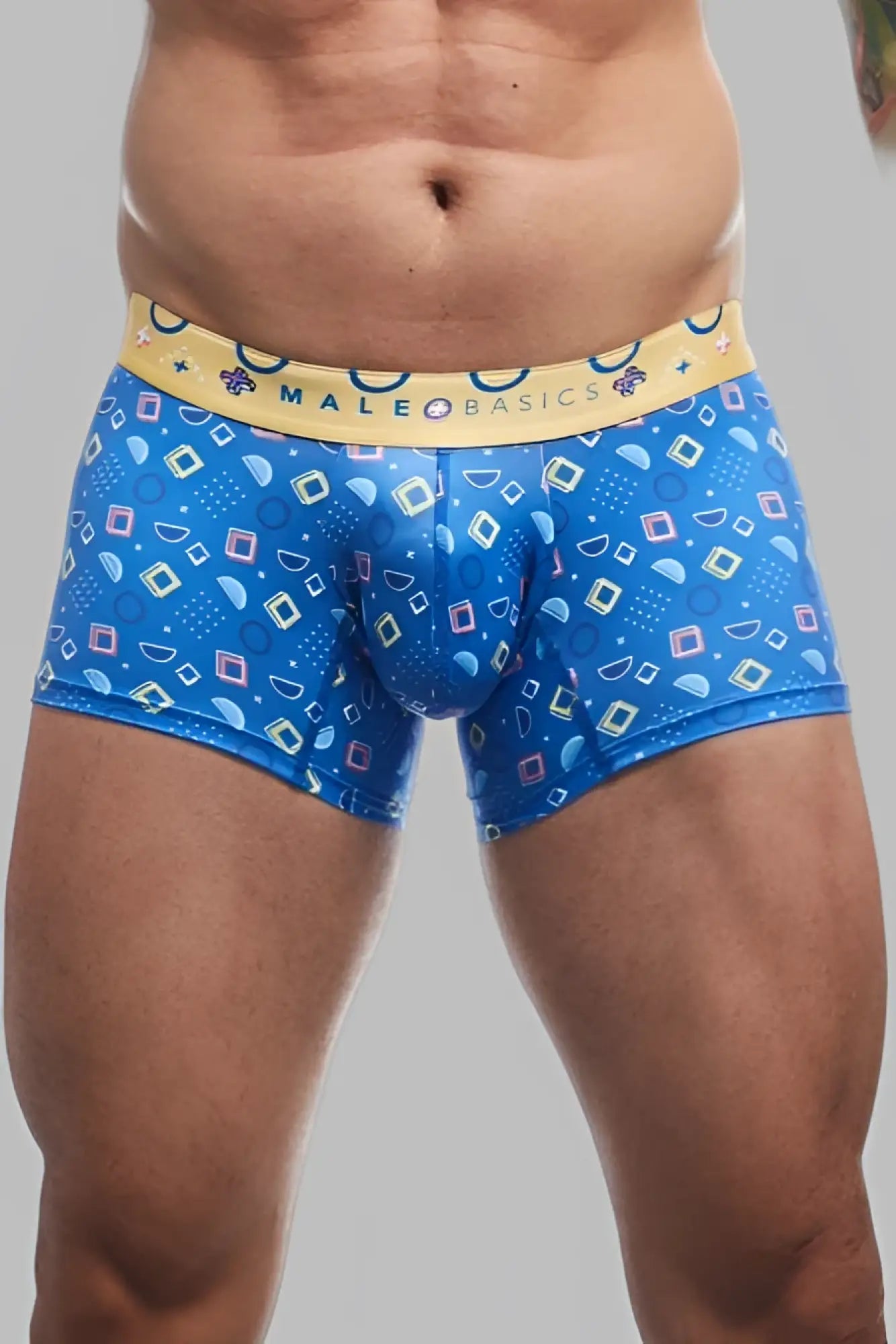 Malebasics trunk hipster spectrum blue patterned men’s boxer briefs with yellow waistband for everyday comfort