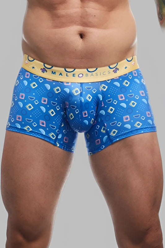 Malebasics trunk hipster spectrum blue patterned men’s boxer briefs with yellow waistband for everyday comfort