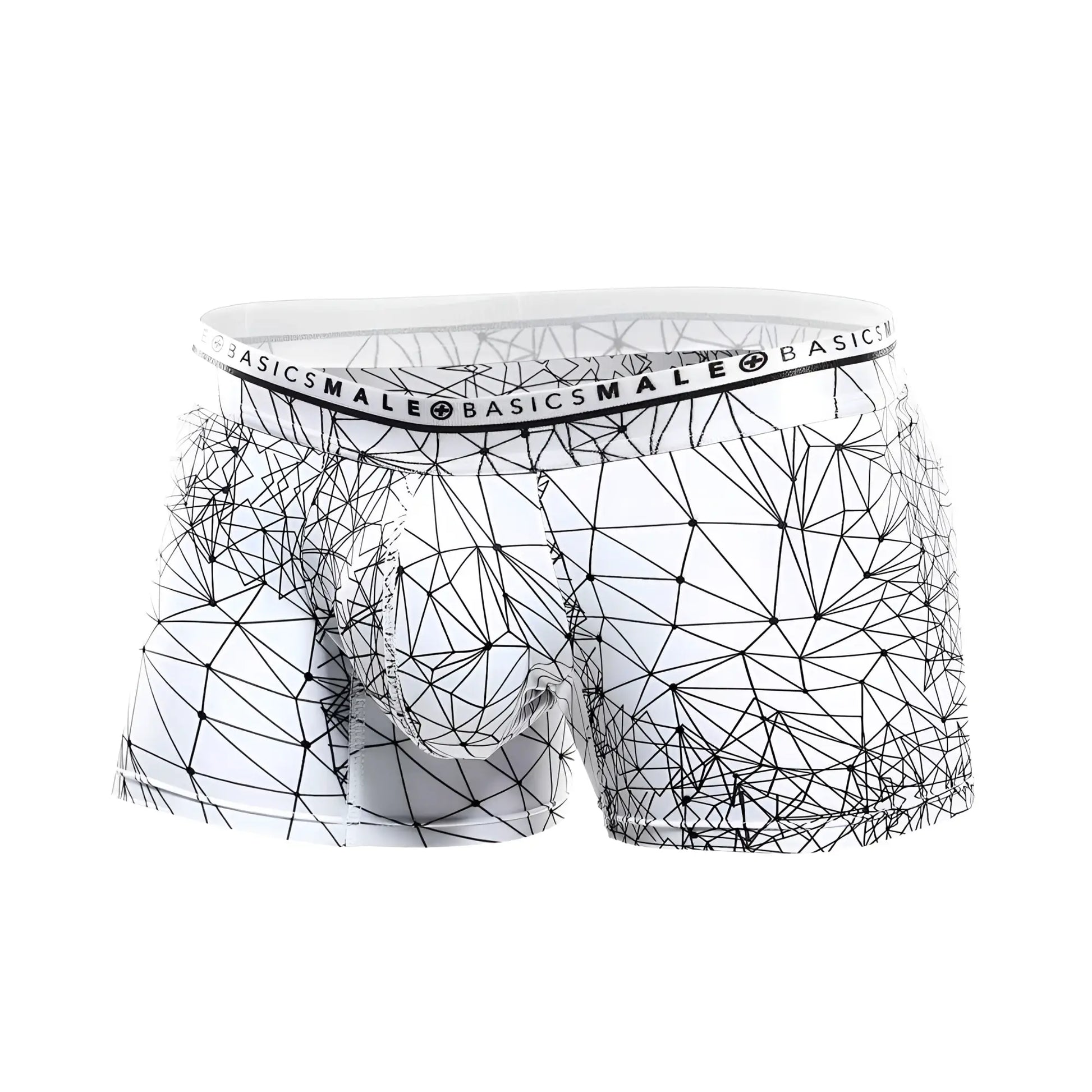 White malebasics trunk hipster spider boxer briefs with bold black geometric line pattern on soft fabric