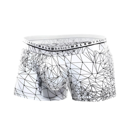 White malebasics trunk hipster spider boxer briefs with bold black geometric line pattern on soft fabric