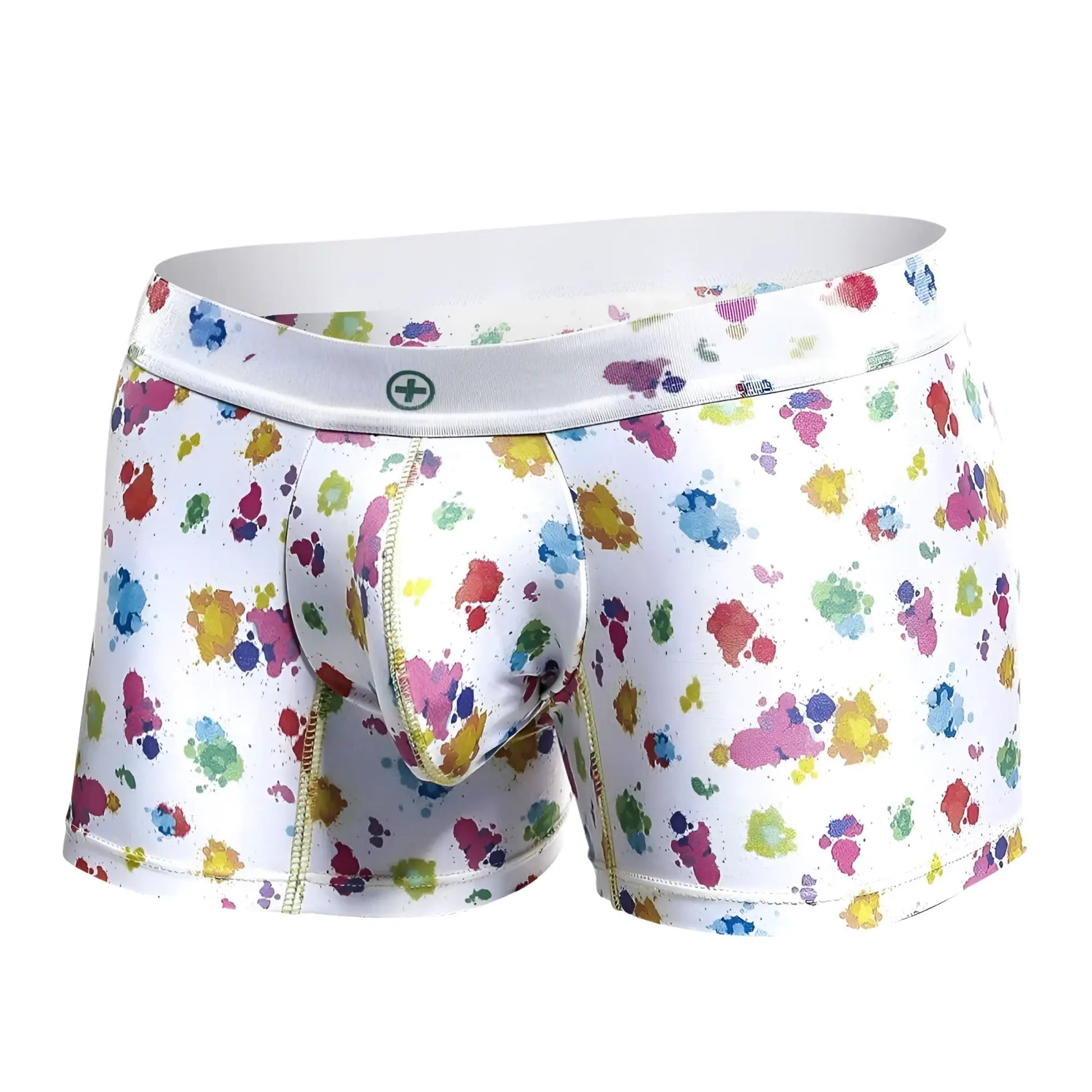 White boxer briefs malebasics trunk hipster with vibrant multicolored paint splatter pattern on front side