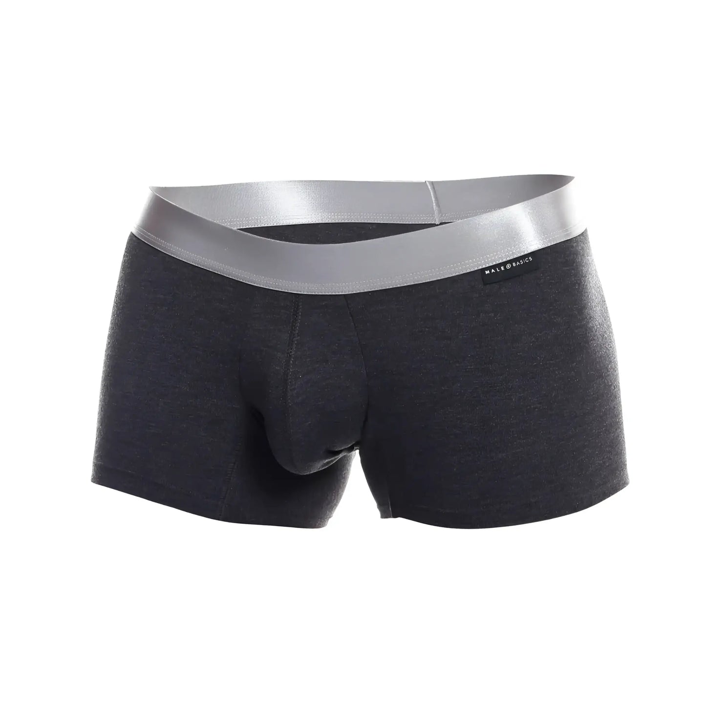 Dark gray heathered men’s boxer briefs with sleek silver waistband made from soft pima cotton by male & basics