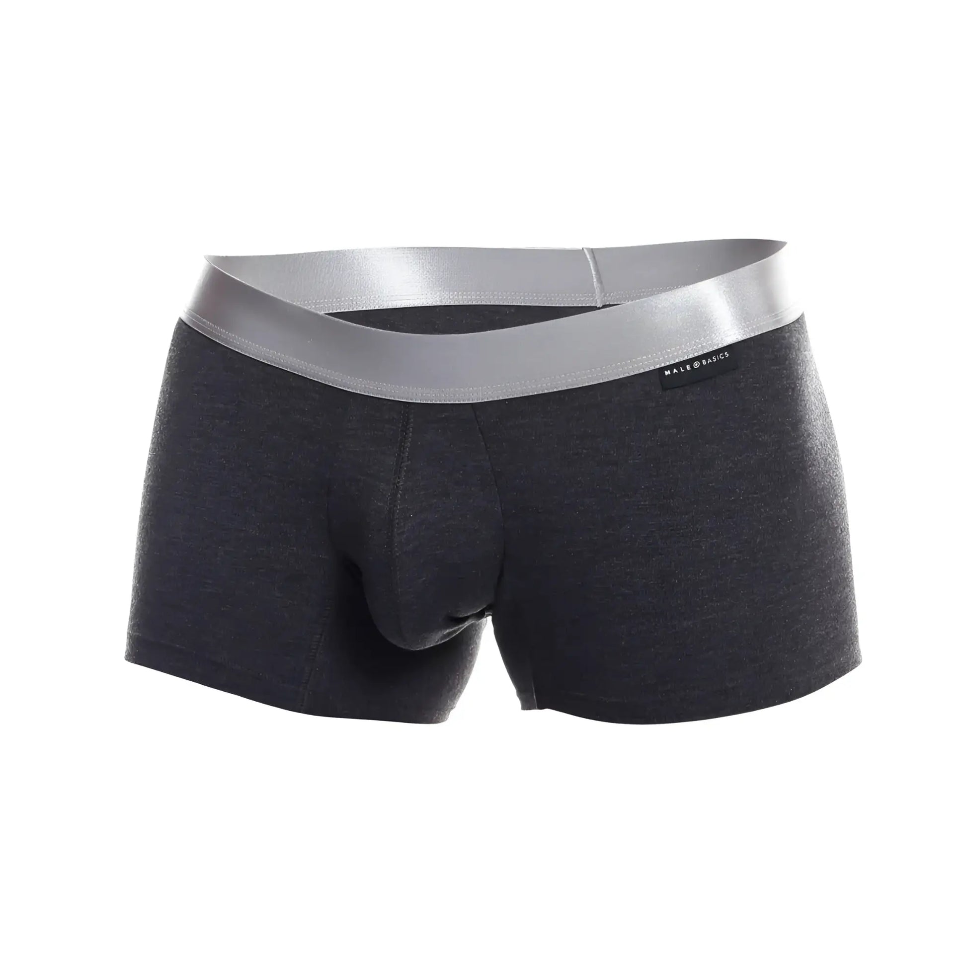 Dark gray heathered men’s boxer briefs with sleek silver waistband made from soft pima cotton by male & basics