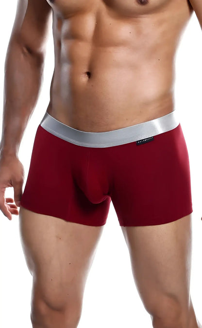 Red men’s boxer briefs with silver elastic waistband from Malebasics trunk pima made of soft pima cotton