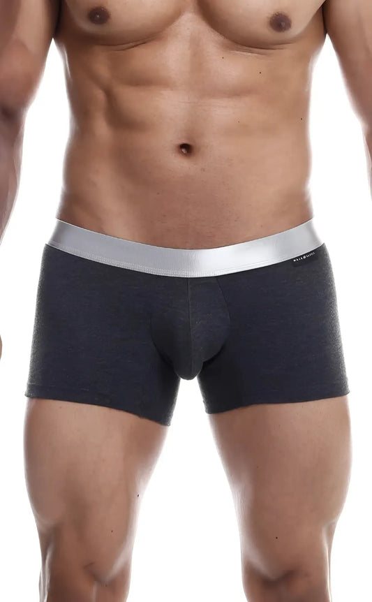Dark gray textured male basics trunk pima boxer briefs with sleek silver waistband made from pima cotton