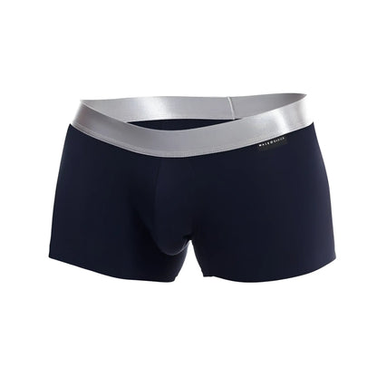 Navy blue malebasics trunk pima briefs with silver elastic waistband made from soft breathable cotton blend