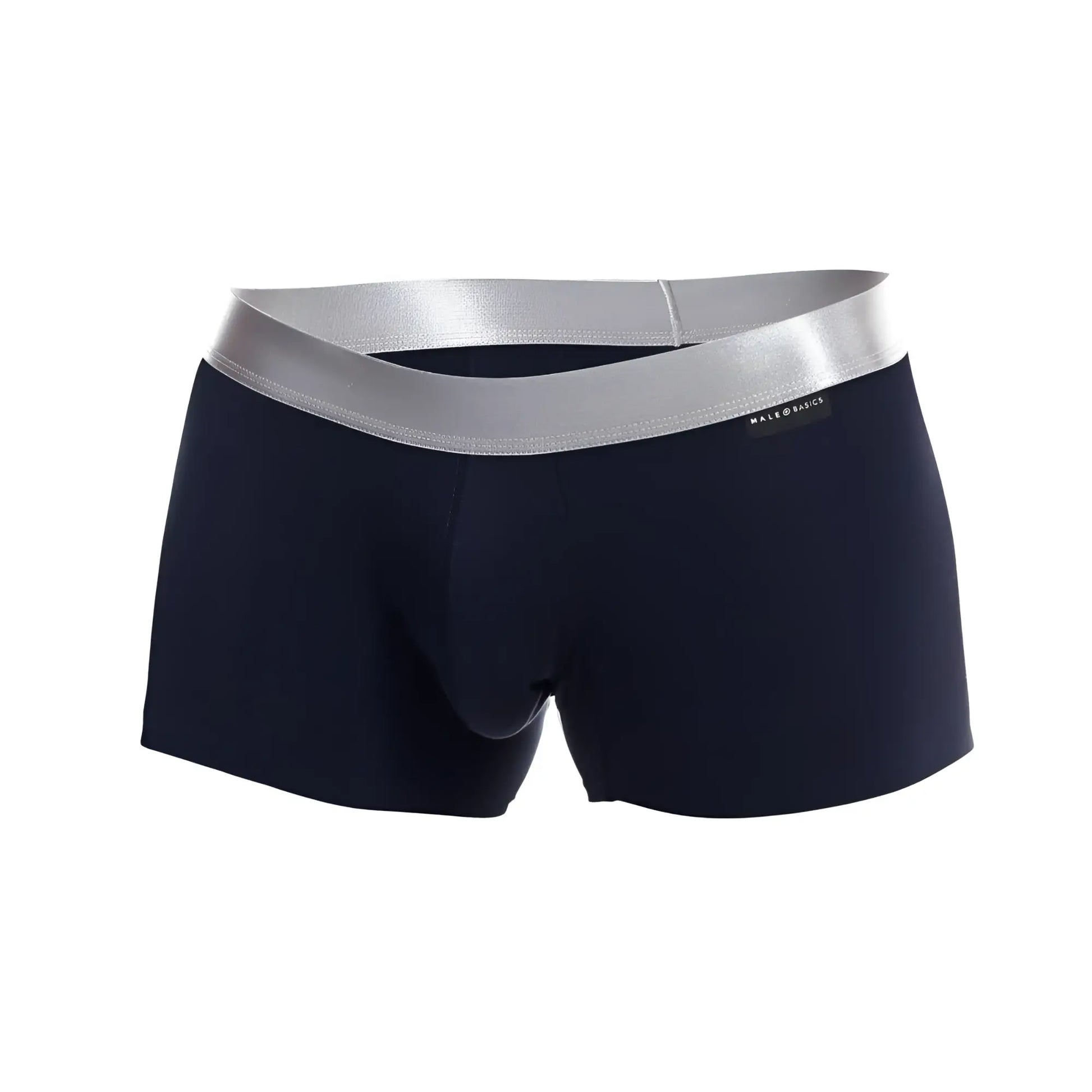 Navy blue male basics trunk pima men’s briefs with silver elastic waistband and branded label in front view