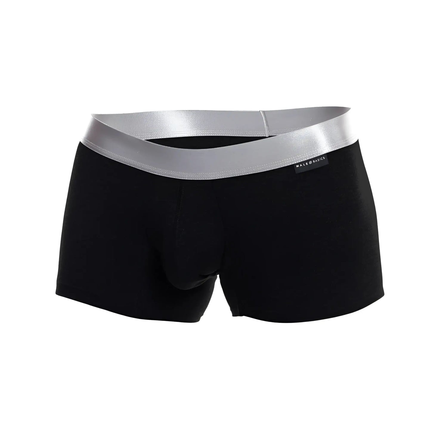 Black men’s pima cotton briefs with a shiny silver waistband featuring male basics brand label in trunk style