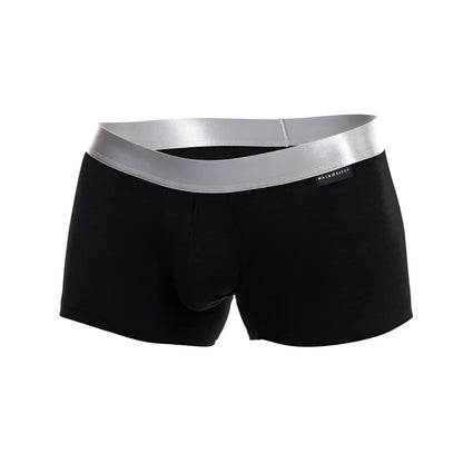 Black men’s pima cotton briefs with a shiny silver waistband featuring male basics brand label in trunk style