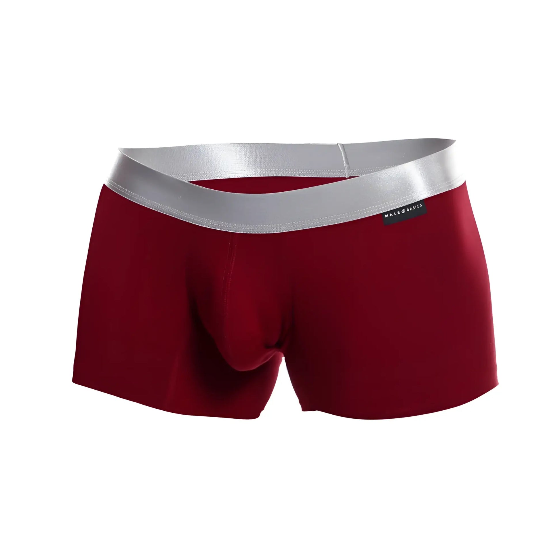 Red men’s boxer briefs with silver waistband and male basics label made from soft pima cotton trunk style