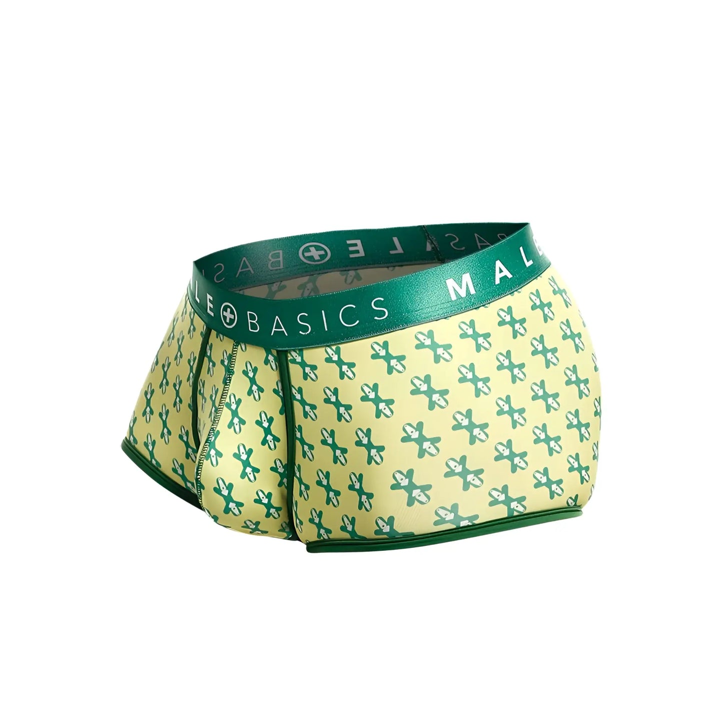 Malebasics trunk sexy pouch men’s boxer briefs in green and pale yellow pattern with branded elastic waistband