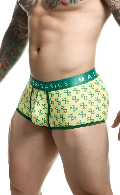 Green and yellow patterned malebasics trunk sexy pouch briefs with a matching life basics branded elastic waistband