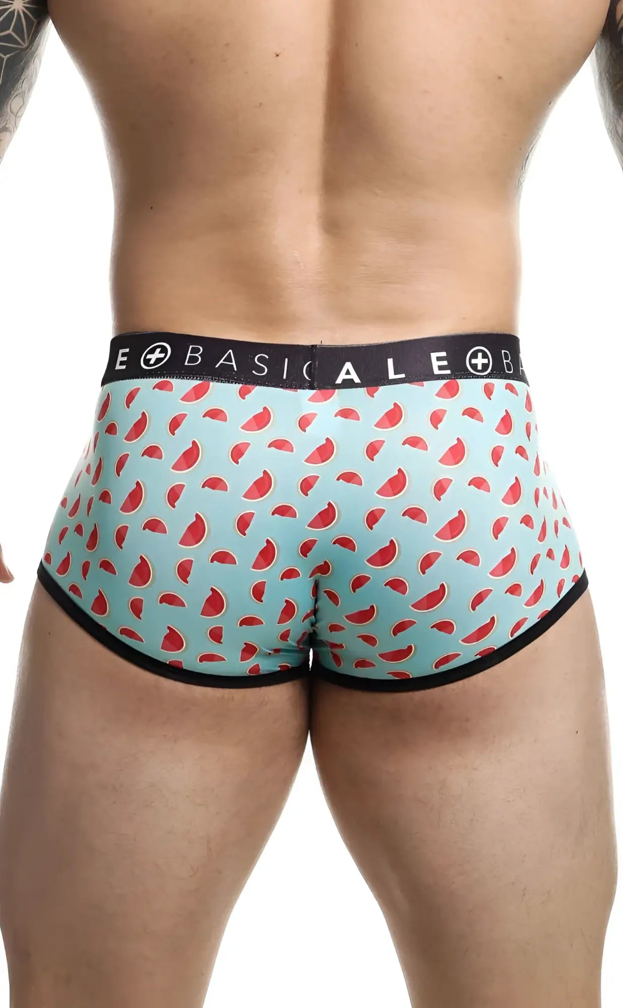Malebasics trunk sexy pouch light blue men’s briefs with playful watermelon pattern red accents and black trim waistband