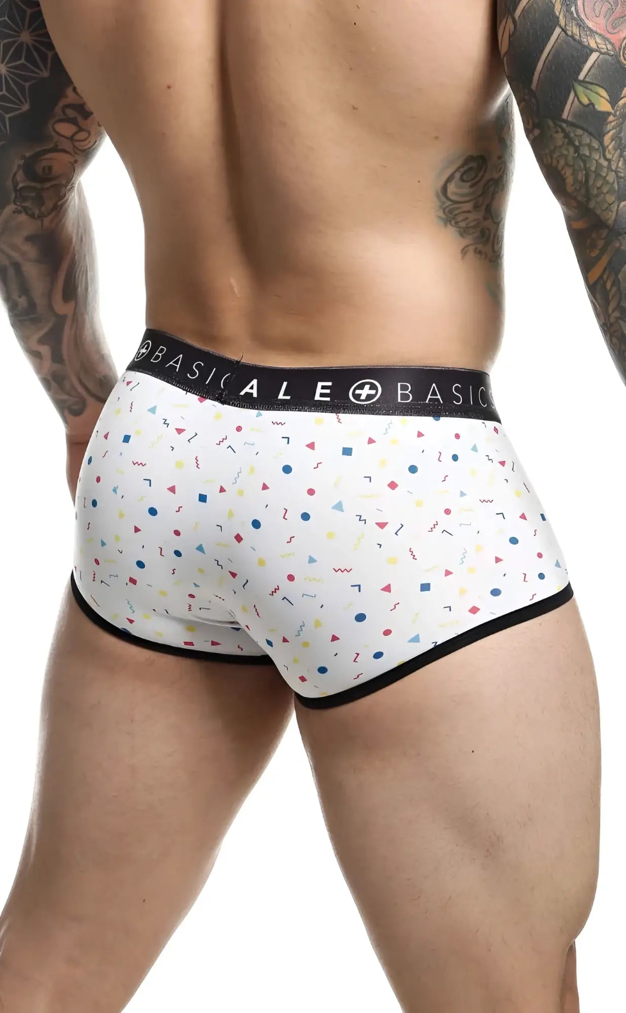 White men’s briefs malebasics trunk sexy pouch with multicolored geometric shapes black trim and basic+ale waistband