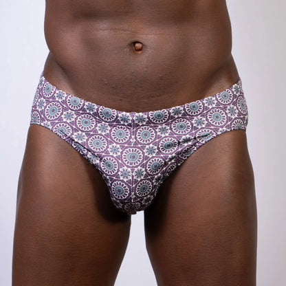 Mandala swim brief purple and teal geometric floral patterned briefs made of quick-dry fabric for swimming