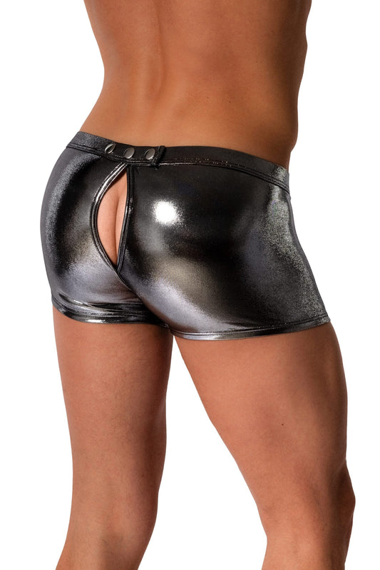 Rear view of shiny metallic silver trunk underwear with a keyhole cutout and snap closures on the back waistband.