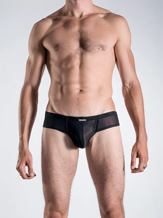Black mesh briefs with a solid black waistband from manstore m101 cheeky brief underwear in size s