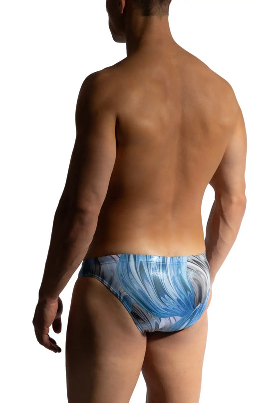 Manstore m2473 beach micro brief swim trunks with blue and white abstract wave pattern for beachwear
