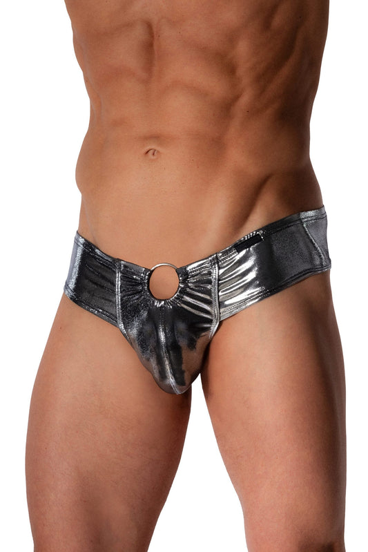 Metallic silver cheeky brief underwear with a front center metal ring and gathered fabric on a white background.