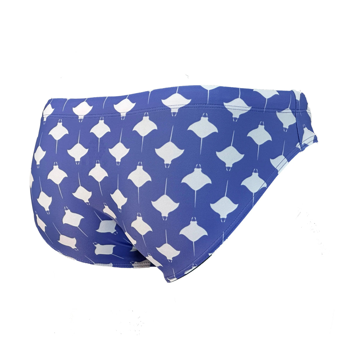 Men's swim briefs in blue with white manta ray pattern made by Maris Equi featuring a snug fit and elastic waistband.