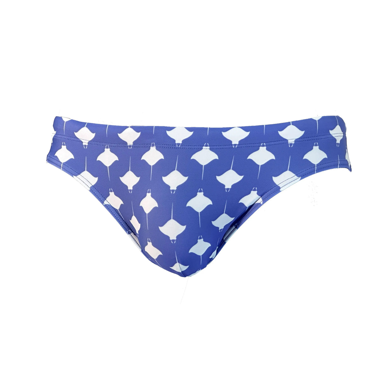 Blue swim briefs with a manta ray pattern made of stretchy material by Maris Equi.
