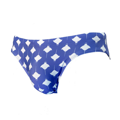 Men's swim briefs in blue with white manta ray pattern made by Maris Equi featuring a sleek fitted design.