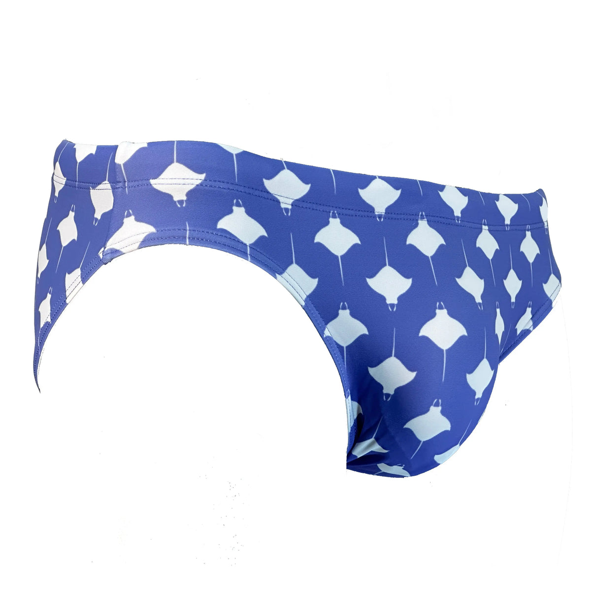 Blue swim briefs with white manta ray pattern made by Maris Equi featuring a comfortable fit and elastic waistband.