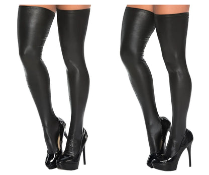 Black patent leather thigh high stockings by mapale 1017 paired with black platform high heels front view