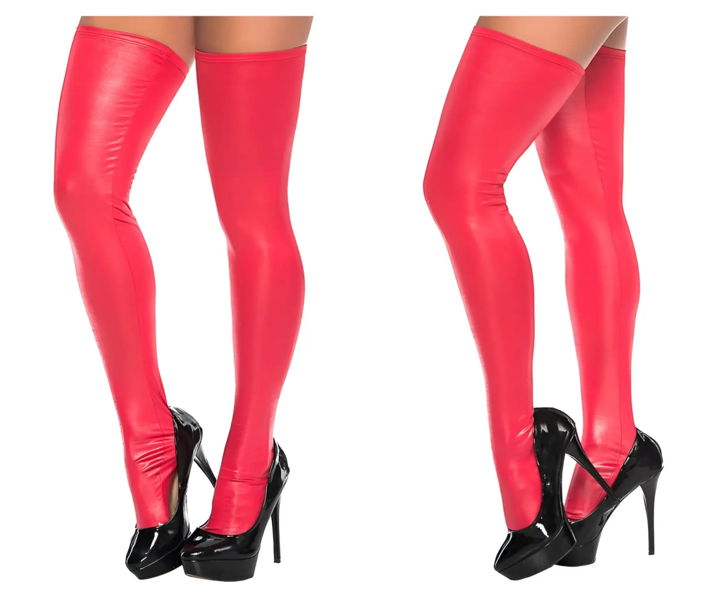 Mapale 1017 bright red shiny latex thigh high stockings worn with black platform heels front view