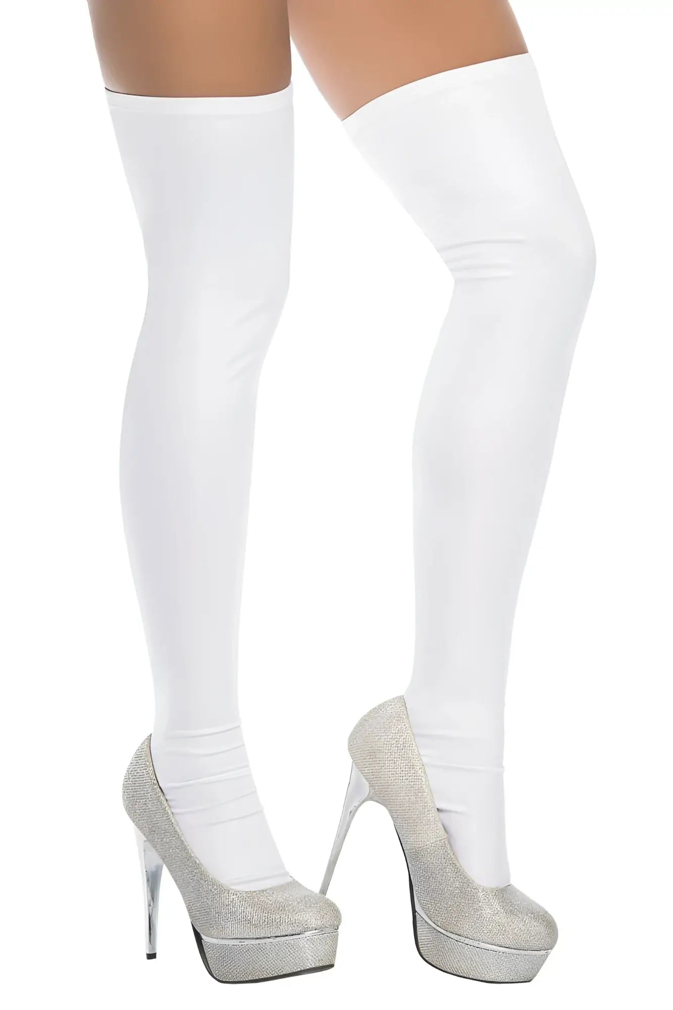 White thigh high stockings with a smooth glossy finish from mapale 1017 collection in color white
