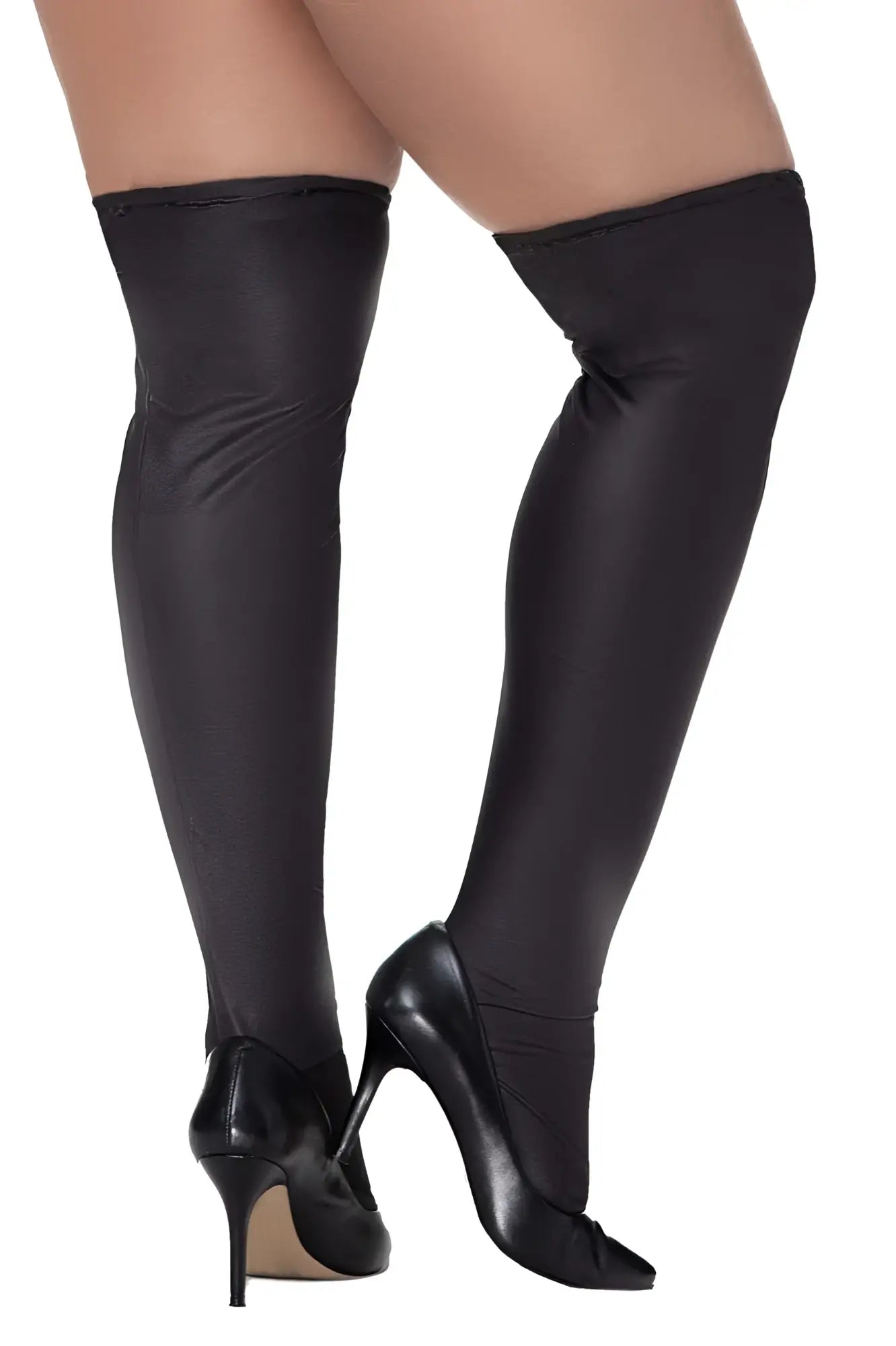 Black over-the-knee thigh-high stockings with smooth glossy metallic finish mapale 1017x color metallic black