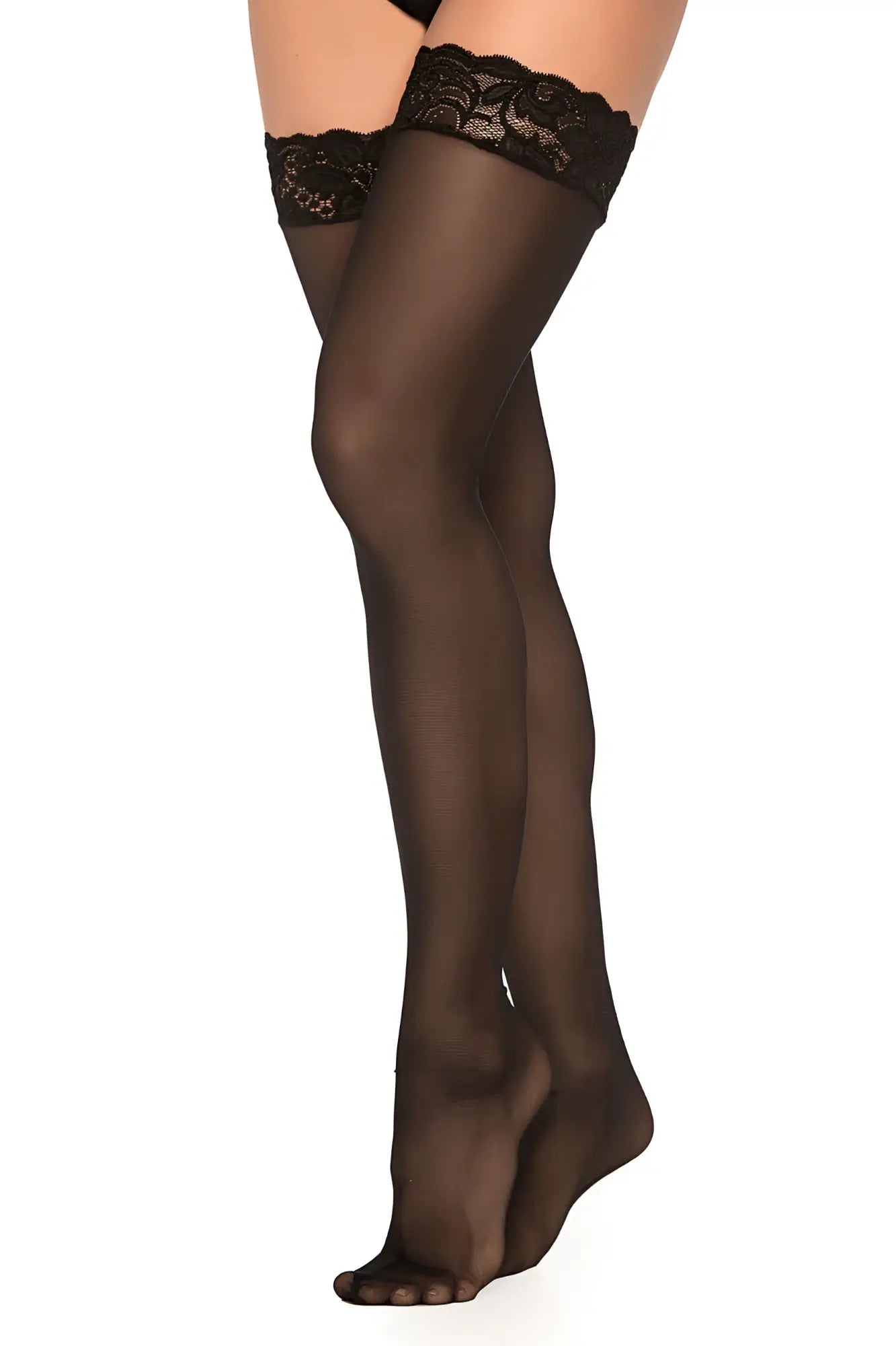 Black lace-edged mesh thigh high stockings in black with sheer smooth texture by Mapale 1094 mesh thigh highs