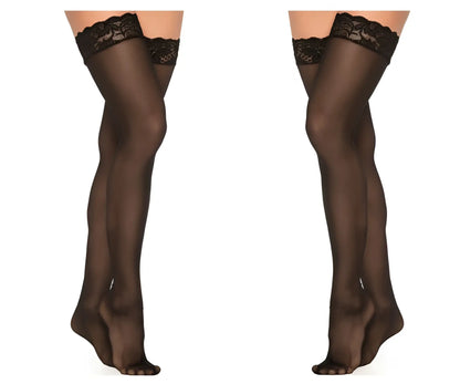 Black lace mapale 1094 mesh thigh highs with sheer smooth texture and floral embroidery on top edge in black